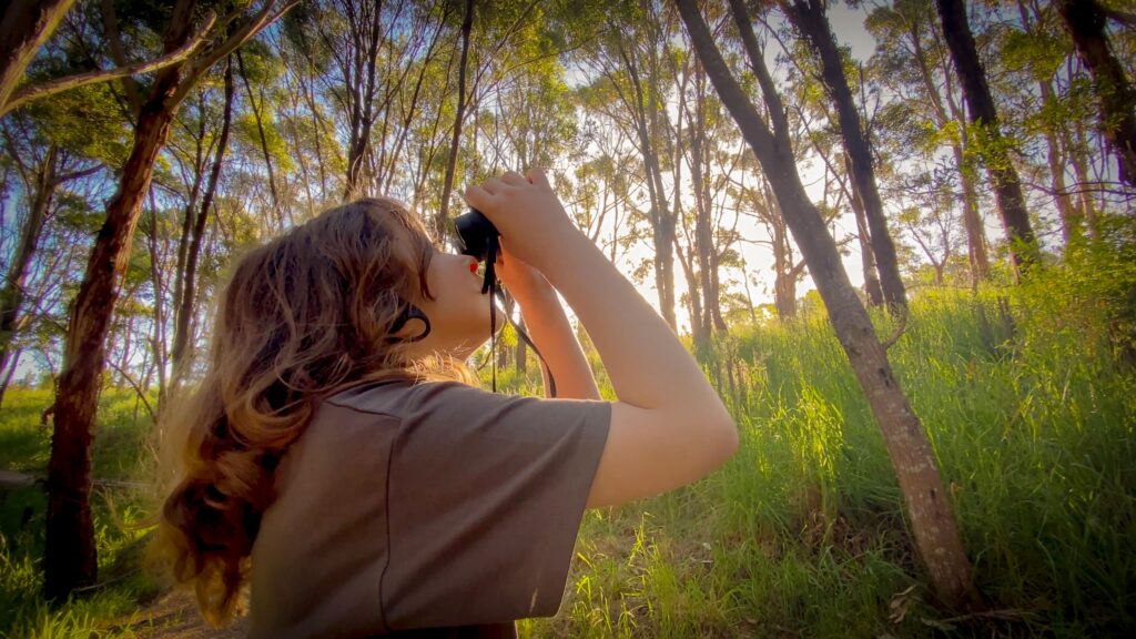 girl with binoculars looking for koalas